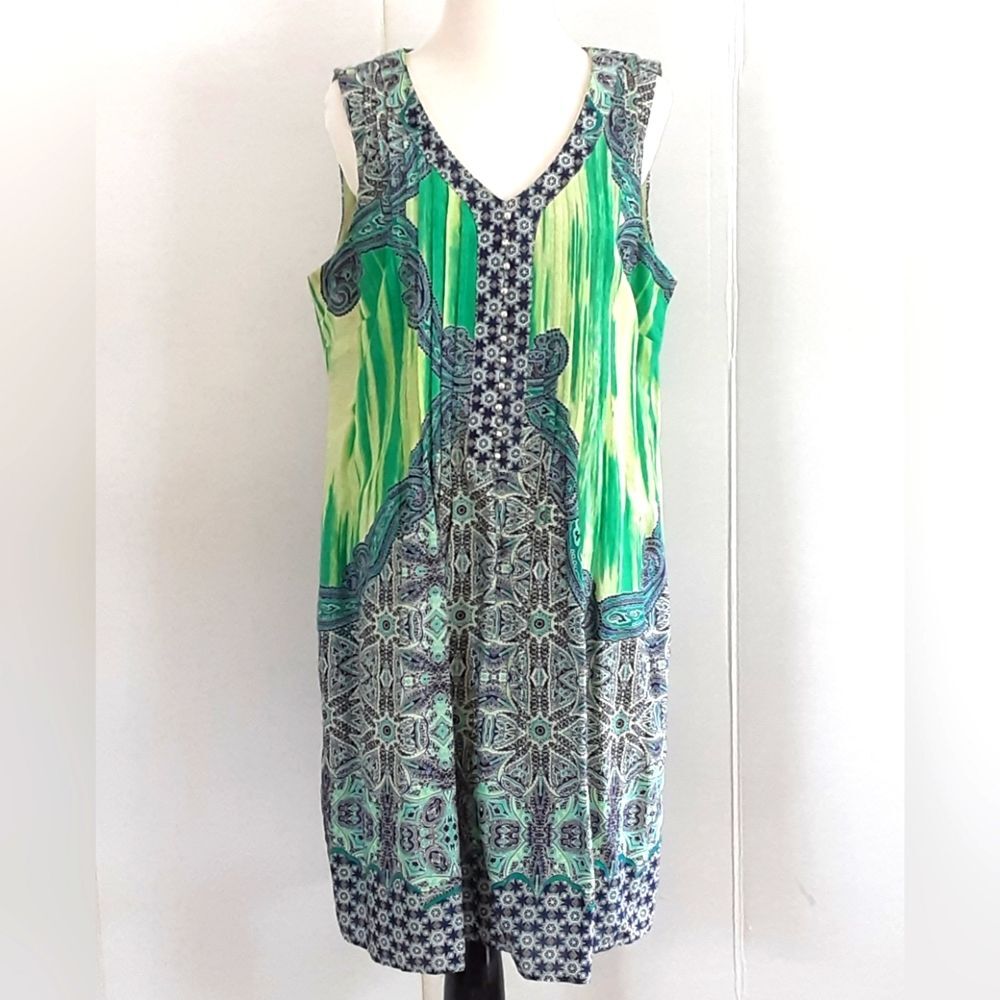 PLUS SZ 14  Rabbit Rabbit Rabbit Designs Blue Green Abstract Print Sun Dress